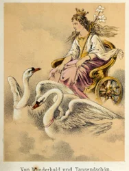Illustration des contes de Franz Hoffmann « Contes et Fables - Von Wunderhold und Tausendschön » : un char transportant une déesse tirée par 2 cygnes. Chromolithographie du XIXe siècle.