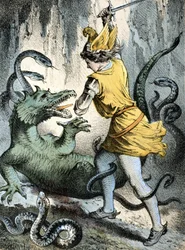 Illustration des contes de Franz Hoffmann "Contes et Fables": "Von Wunderhold und Tausendschön" (un homme tuant un monstre ou un dragon). Chromolithographie du 19ème siècle.