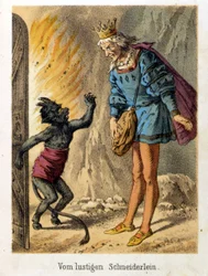 Illustration des contes de Franz Hoffmann « Contes et Fables - Le joyeux petit tailleur ». Chromolithographie du XIXe siècle