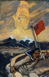 Illustration de la propagande allemande du magazine Jugend pendant la 1ère Guerre mondiale. Un marin anglais est terrorisé par l
