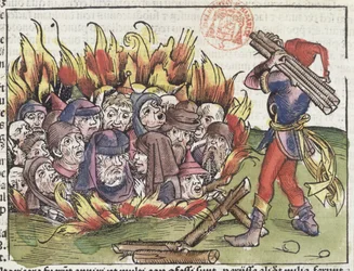 Juifs brûlés sur le bûcher, tiré de la Chronique de Nuremberg de Hartmann Schedel (1440-1514), 1493