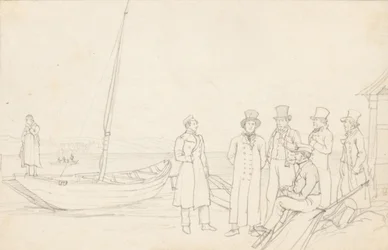 Scène au bord du lac avec sept personnages