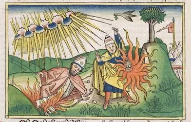 Lévitique 10:1-2 Nadab et Abihu offrent un feu profane et meurent, de la Bible de Nuremberg (Biblia Sacra Germanaica)
