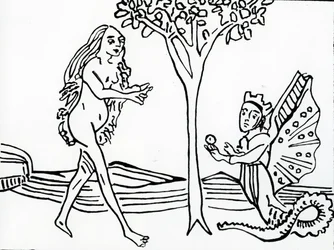 Lilith, ailée et couronnée, avec une queue de serpent, offre la pomme à Ève, tiré du « Speculum Humanae Salvationis », d