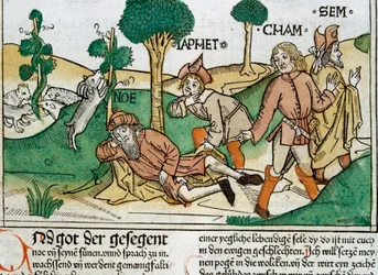 Noé et ses fils, scène de la Bible de Nuremberg écrite en allemand, ...