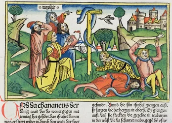 Nombres 21:4-9 Des serpents venimeux mordent les Israélites rebelles, de la Bible de Nuremberg (Biblia Sacra Germanaica)