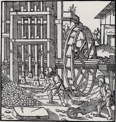 Roue à aubes, extrait de "De Re Metallica" de Georgius Agricola