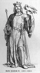 Portrait de Frédéric II de Hohenstaufen (1194-1250), roi du Saint-Empire romain germanique. Gravure dans "Kaiser, König und Papst" par Richard Roth