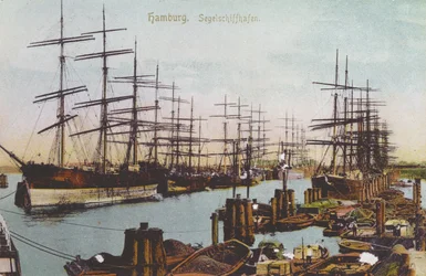 Carte postale du port de voiliers à Hambourg, vers 1900