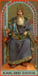 Représentation de Charlemagne (742-814), roi des Francs, des Lombards puis empereur. Chromolithographie