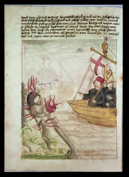 Saint Brendan dans son navire, de la traduction allemande de Navigatio Sancti Brendani Abbatis, c.1476