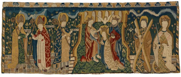 Antependium en tapisserie représentant le Couronnement de la Vierge entre trois saints évêques et deux saints, provenant d