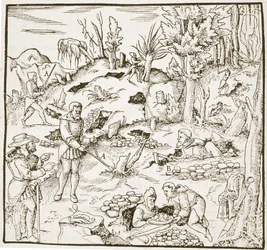 La baguette divinatoire, de Bergwerk Buch par Georg Agricola, Francfort 1580, illustré dans une Histoire de la Magie, publié à la fin du 19e siècle