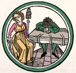 Les Quatre Tempéraments : Mélancolique (triste et déprimé). Xylographie, Augsbourg 1480