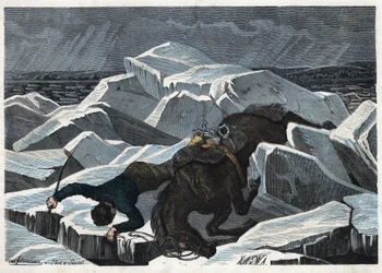 La chute du comte Sandor et de son cheval sur la glace brisée du Danube. Dans « Wenn Jemand eine Reise thut, so kann er was erzählen » (Quand quelqu