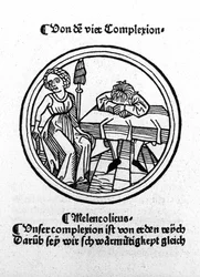 Les quatre tempéraments : mélancolique (triste et déprimé). Xylographie, Augsbourg 1480.