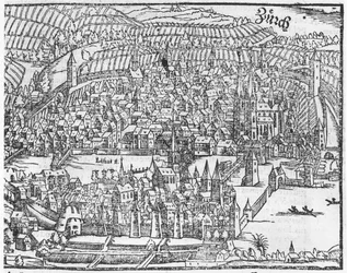 Vue de Zurich, de Cosmographie Universelle par Sébastien Munster (1488-1552) Bâle, publié en 1559
