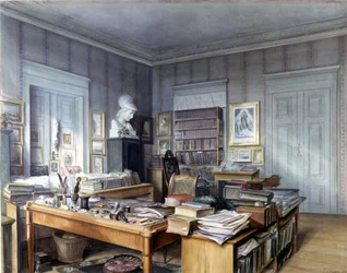 Atelier de Wilhelm Grimm (1786 -1859) à Berlin, 7 Linkstrasse. Gravure par M. Hoffmann. Nationalmuseum, Nuremberg. 1860