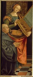 Sainte Cécile de Rome (3e siècle). Portant un orgue, avec un moine agenouillé en prière à ses pieds.