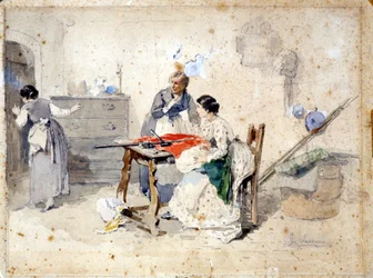 Les femmes milanaises fabriquent le drapeau tricolore italien. Aquarelle de Gerolamo (Girolamo) Induno (1825 - 1890). Milan, Musée du Risorgimento.
