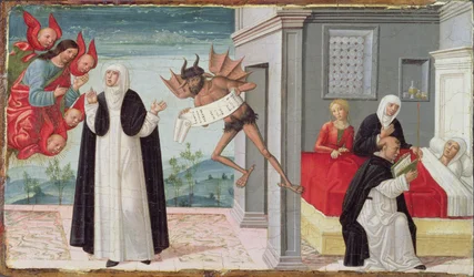 Sainte Catherine de Sienne intercède auprès du Christ pour libérer la sœur mourante Palmerina de son pacte avec le diable