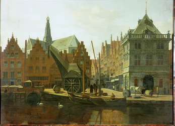 Port de Haarlem avec la balance publique et le clocher de Saint Bavon en arrière-plan