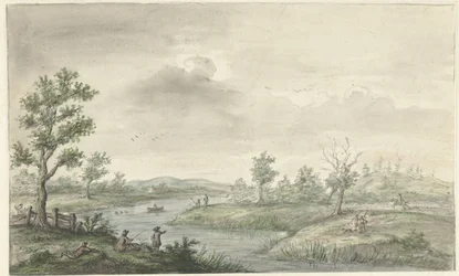 Paysage avec rivière sinueuse et pêcheurs