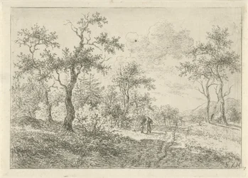 Paysage boisé avec une femme et un garçon