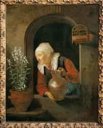 Vieille femme à la fenêtre, arrosant ses fleurs (peinture)