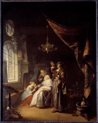 La femme hydropique. Un médecin examine l