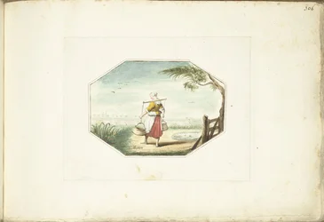 Laitière avec des seaux dans un paysage