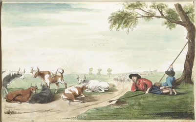 Deux gardiens de vaches au lever ou coucher du soleil