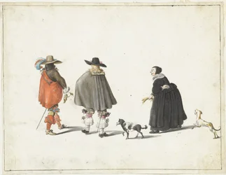 Femme en noir, accompagnée de deux petits chiens, parlant avec deux messieurs