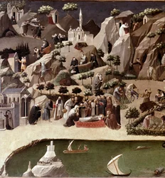 La Thébaïde des ermites, détail. Description de la vie des ermites dans le désert. Attribué à Gherardo Starnina (XIVe-XVe siècle). Vers 1400. Dimensions 2 x 0.8 m. Florence, Galleria degli Uffizi