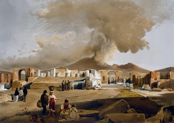 Vue du Forum et du Temple de Jupiter à Pompéi, illustration de Giacinto Gigante (1806-1876) tirée de Maisons et monuments de Pompéi, par Fausto et Felice Niccolini