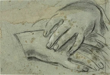 Mains croisées (recto) ; pied droit partiellement couvert par une draperie (verso)