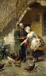 Un couple élégant nourrissant des poules dans une cour