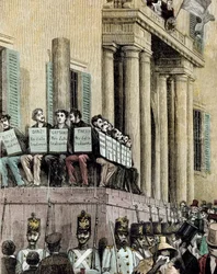 Risorgimento : membres du mouvement Giovine Italia (dont Carlo Cattaneo (1801-1869), Tinelli, Danzi, Bussi) assis devant le Palais de Justice à Milan, écoutant la sentence les condamnant à l