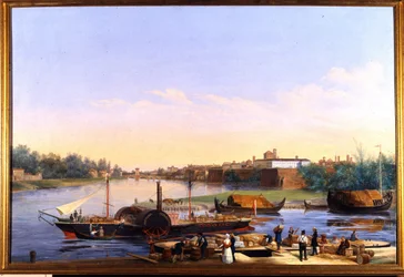 Vue du port de Pavie sur le Pô et le bateau à vapeur Principessa Clementina