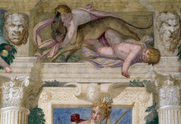 Putti avec un lévrier et mascarons
