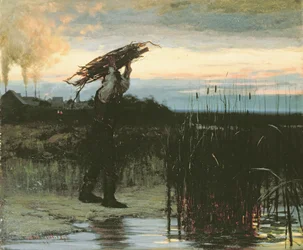 Homme portant des bâtons au crépuscule