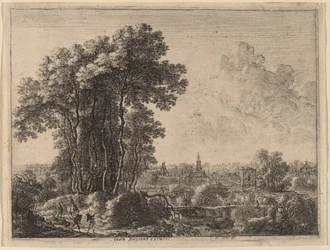 Paysage avec cavalier et trois voyageurs