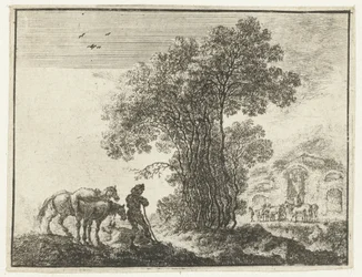Paysage avec un paysan et deux chevaux