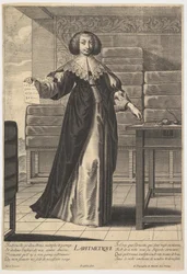 Arithmétique : une jeune femme debout à une table, tenant une feuille avec des chiffres inscrits, 1633-35