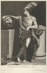 David debout avec les jambes croisées tenant la tête de Goliath sur un piédestal, vers 1635-45
