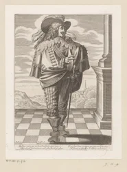 Gentilhomme debout sur une terrasse, avec un paysage en arrière-plan