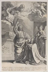 Sainte Thérèse priant aux côtés du Christ, qui pointe vers Dieu le Père