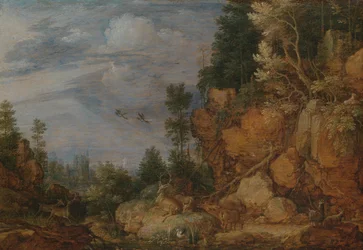 Paysage rocheux avec des cerfs et des chèvres