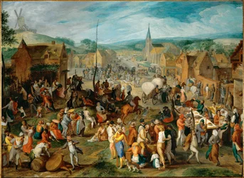 Fête de mai dans un village (huile sur bois)