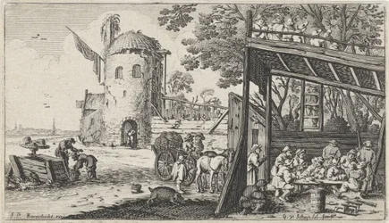Boeren rond een tafel in een schuur (de Smaak) (Landschappen met de vijf zintuigen)